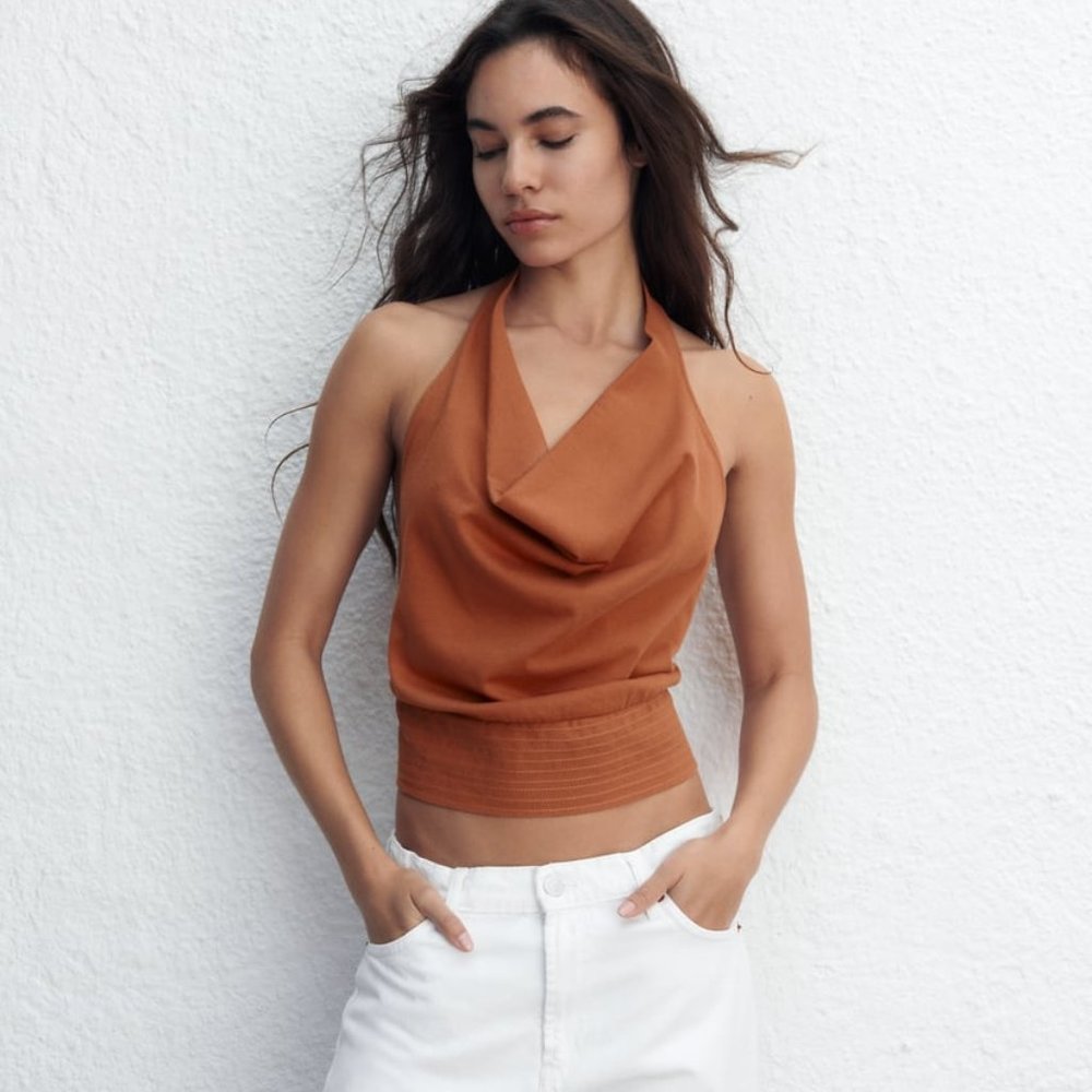 NWT ORANGE HALTER OPEN BACK TOP